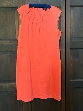 Sharagano Coral-Pink Pleated Neck Sheath Dress